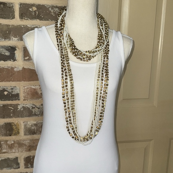 Stunning White & Gold Beaded Multi-Strand Twist Necklace & Bracelet Set Unique - Picture 10 of 16